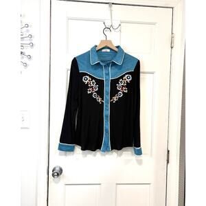 John Moon Western Shirt Womens M Black Teal Floral Embroidery Fringe Cowgirl